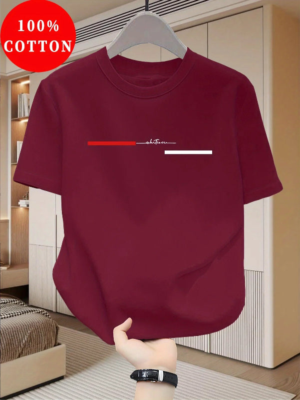 Maroon t-shirt with a graphic design on a hanger in a room setting.