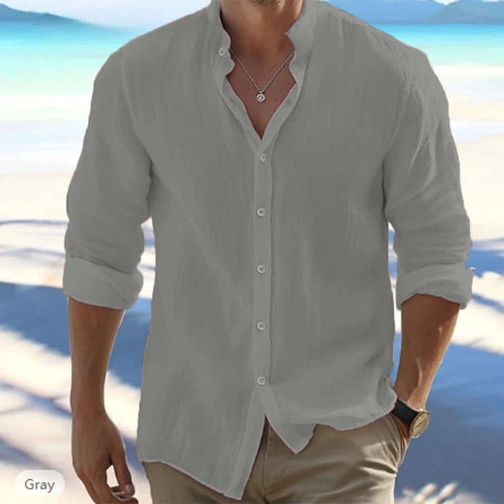 Men’s summer cotton linen long sleeve shirt with stand-up collar in solid color, casual beachwear style, available in plus sizes  02
