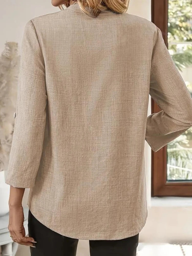 Women Three-quarter Sleeve Solid Color Spring  Elegant V-neck Blouse Autumn Loose Casual Shirts Pocket Pullover 2026 Tops
