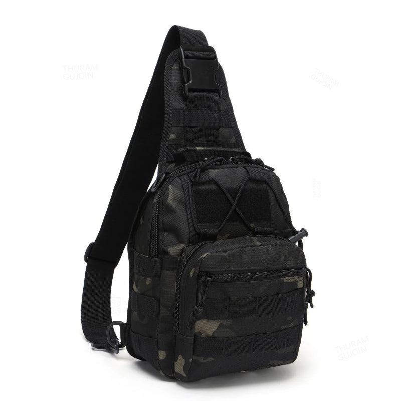 Black tactical sling bag on a white background