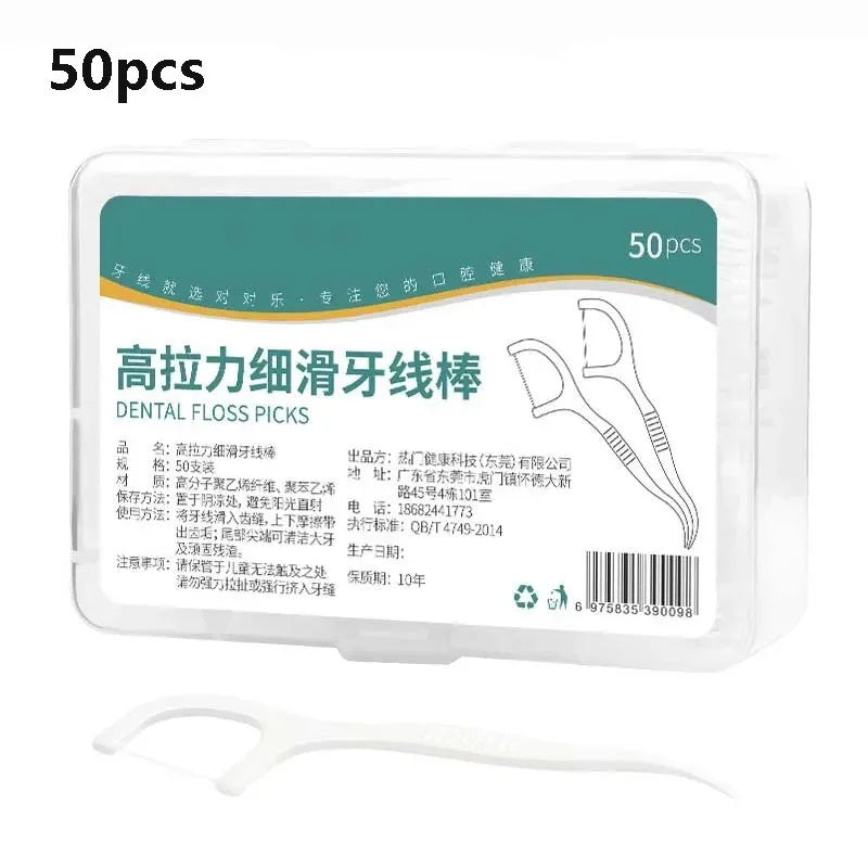 Packaging of dental floss picks with 50 pieces on a white background
