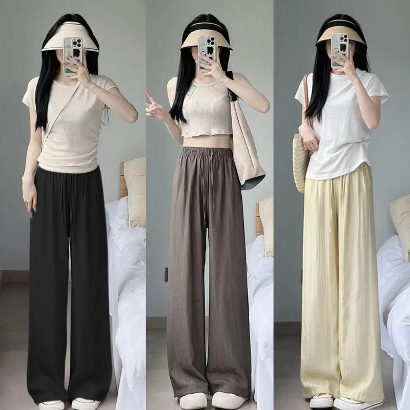 Three different outfits worn by a person in a room with a bed in the background.