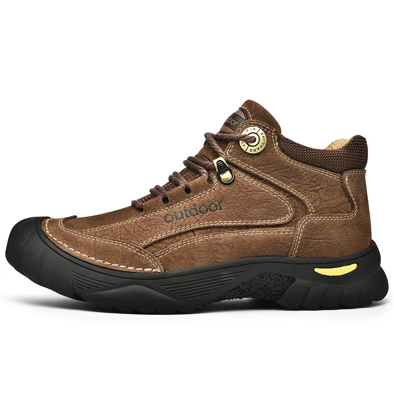 Brown hiking boot with black sole on a white background
