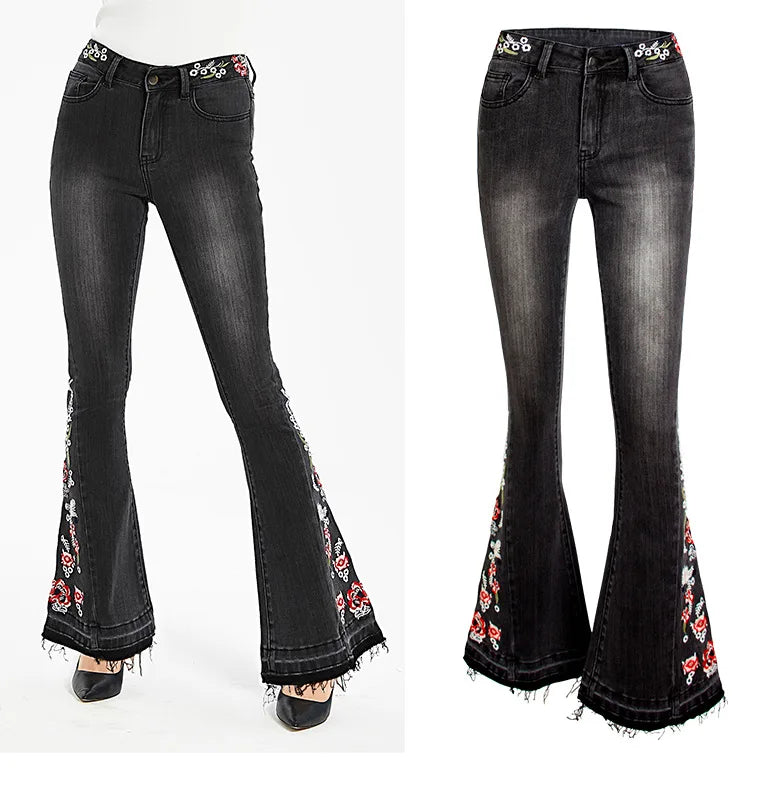 Jeans Flare Pants Women Embroidery Boot Cut Streetwear Mid Waist Floor Length Pockets Washed Distressed Vintage Denims Trousers