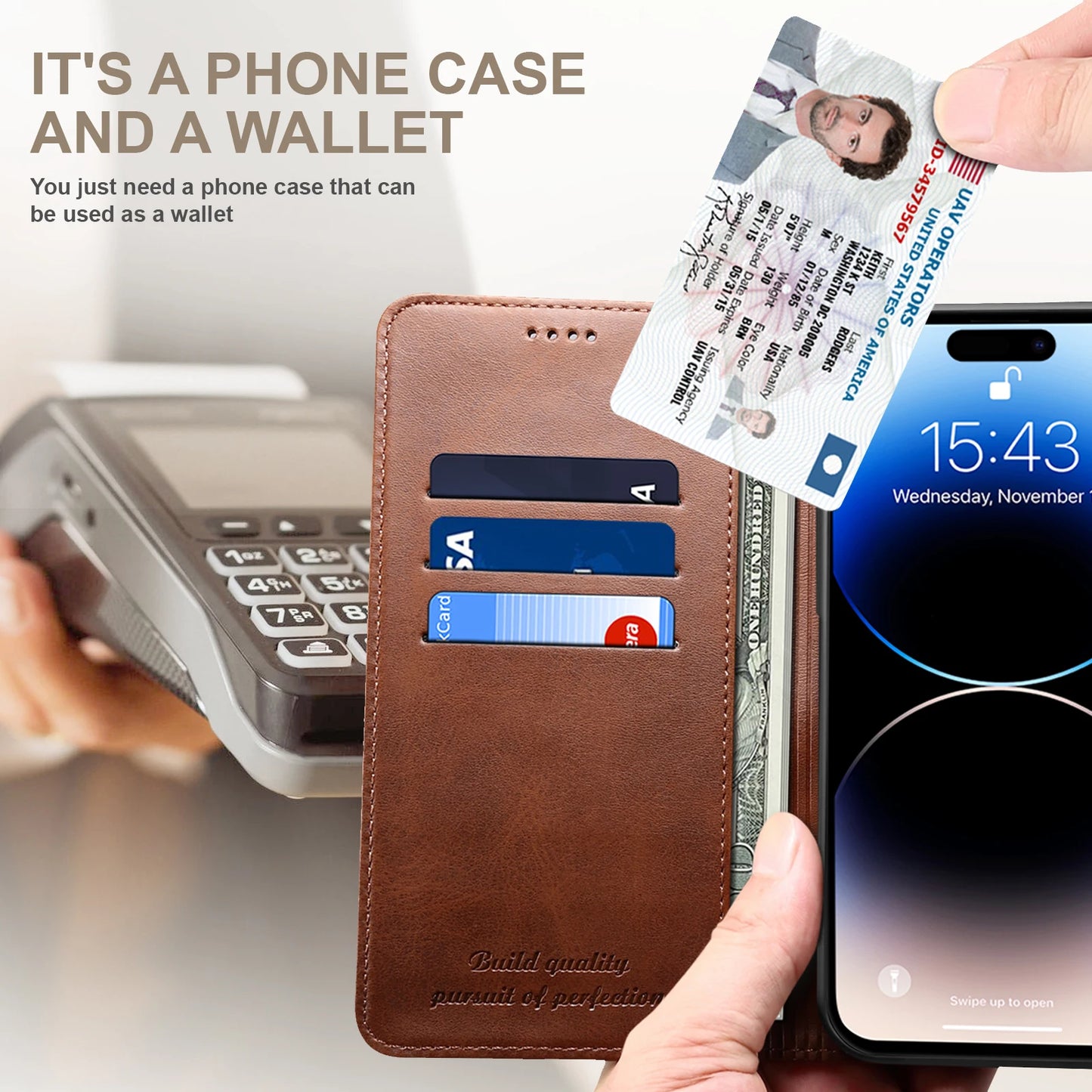 Brown phone case with card slots and phone displaying time and date.
