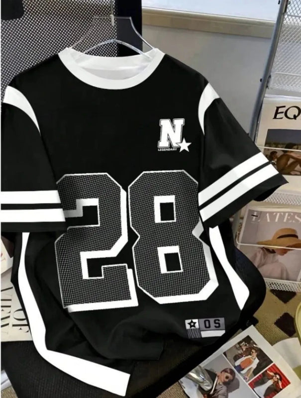 Black sports jersey with white lettering and numbers on a hanger.
