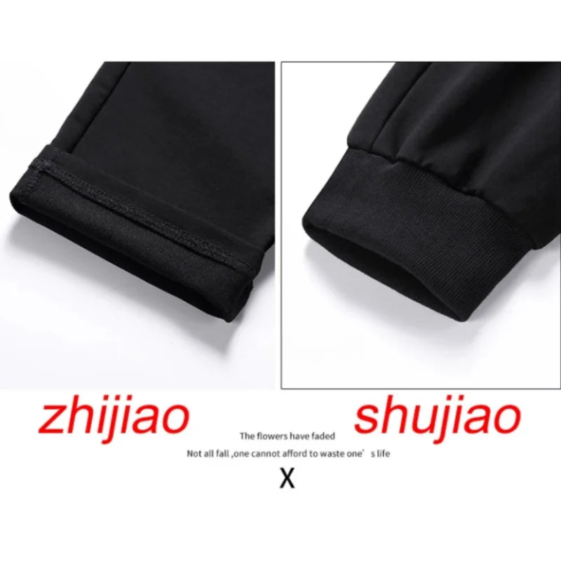Close-up of black fabric with 'zhijiao' and 'shujiao' text on a white background