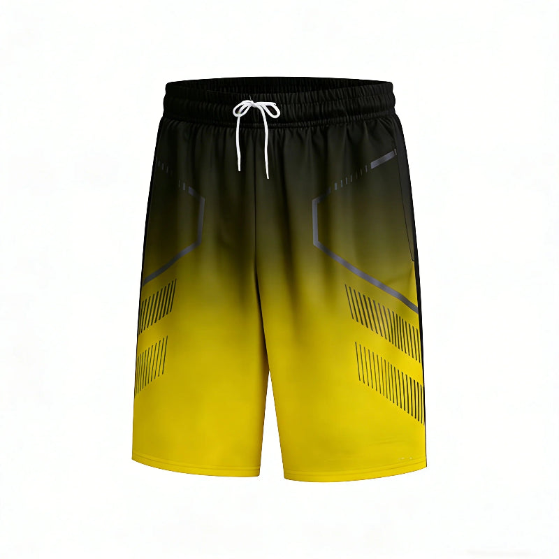 Black and yellow gradient shorts with a white drawstring on a white background