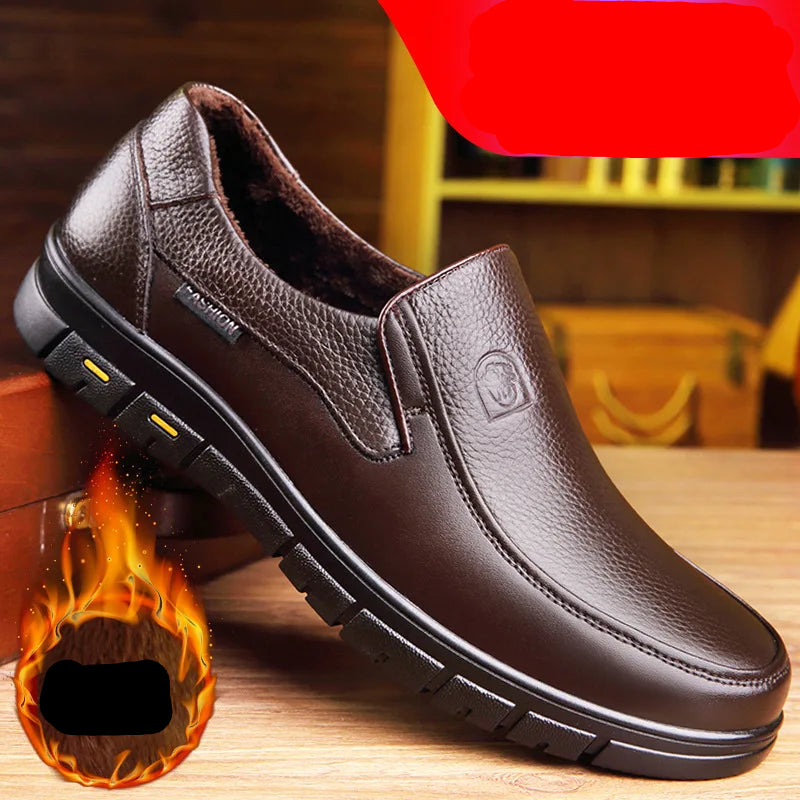 Brown leather shoe with flame icon and text on a wooden surface