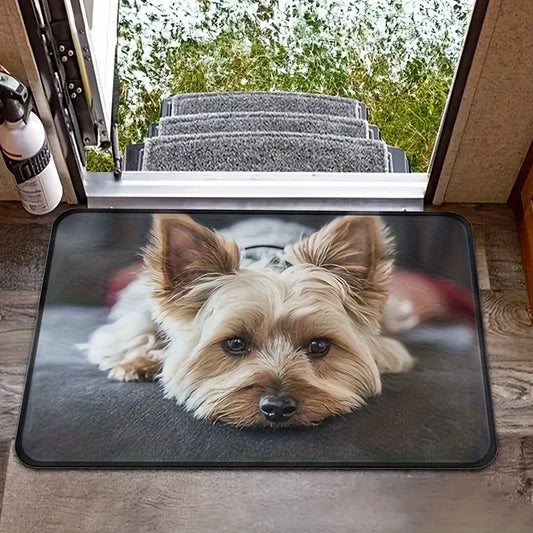 Dog mat with a dog's face printed on it, placed indoors.