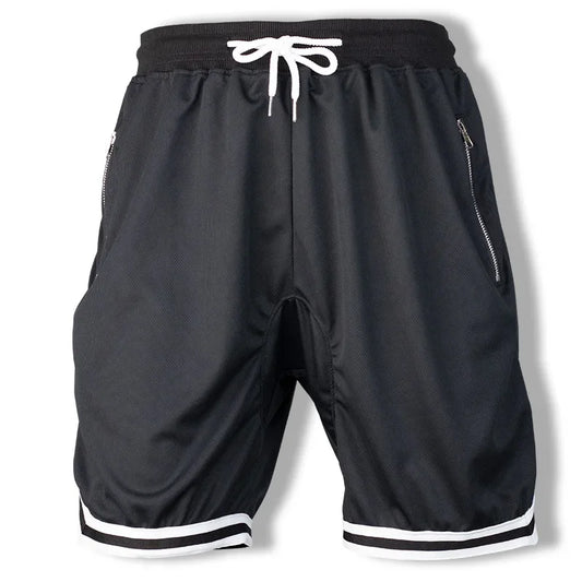 Black shorts with white drawstring and trim on a white background