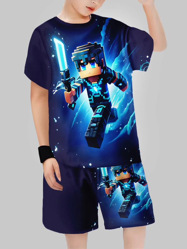 Child wearing a navy blue t-shirt and shorts set with a robot design on a gray background