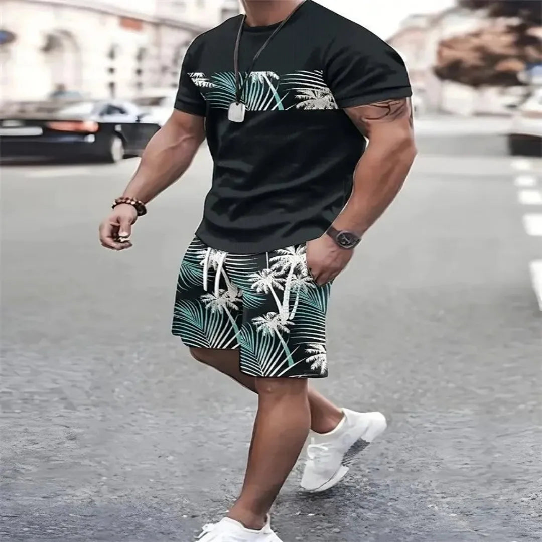 Men's crewneck T-shirt and shorts. - green black