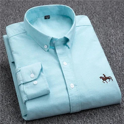 Men’s Oxford Cotton Shirt – Long Sleeve Embroidered Horse Design