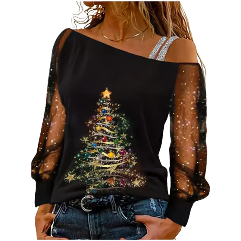 Black long-sleeve top with Christmas tree design and sheer sleeves on a white background