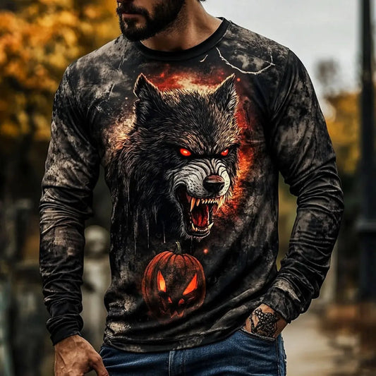 Long-sleeve shirt with a wolf and pumpkin design on a blurred outdoor background