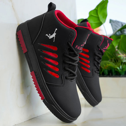 Black and red sneakers with a white logo on a light background