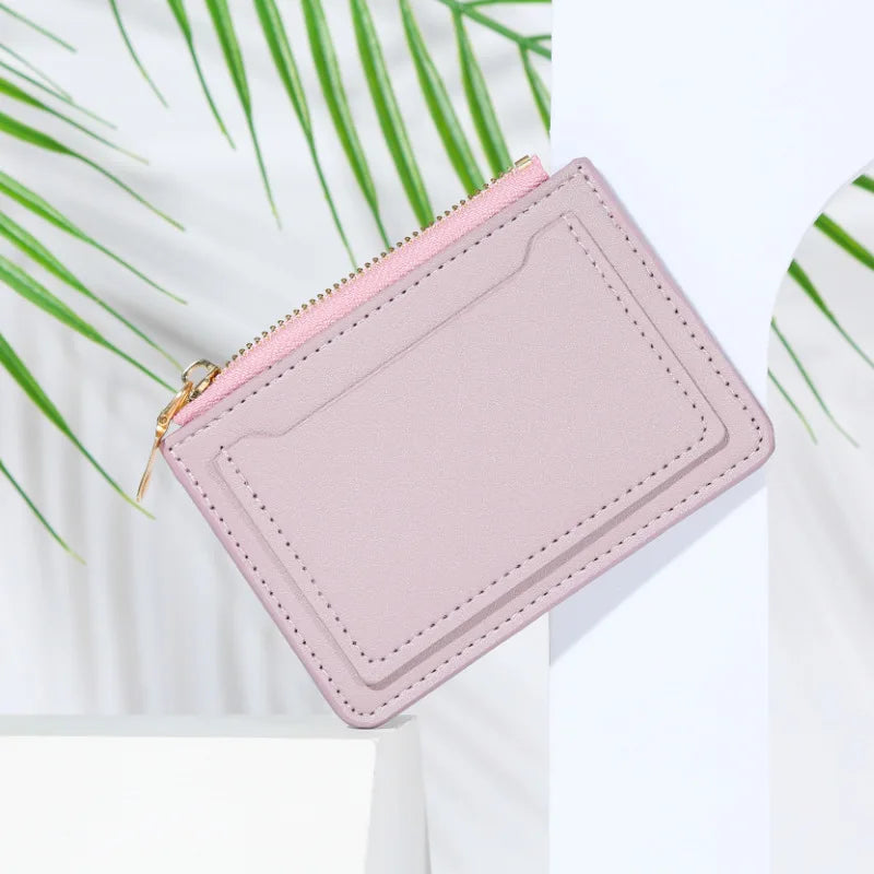 Women's PU leather mini wallet with zipper, hasp, and multi-card slots - l pink