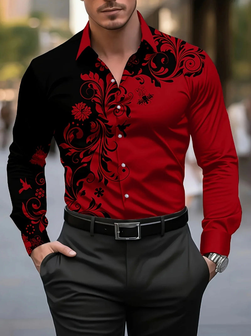 Man wearing a red and black patterned shirt with gray pants in an urban setting