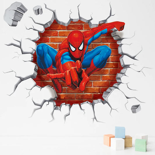 Spider-Man wall decal on a brick wall with children's blocks in the foreground