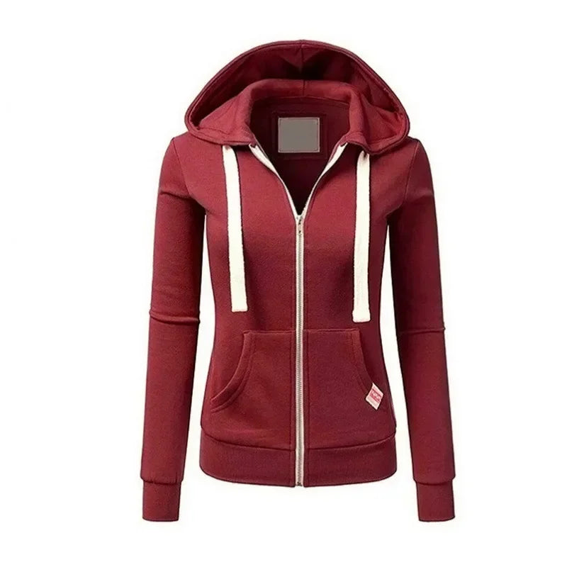 Red hoodie with a white zipper on a white background