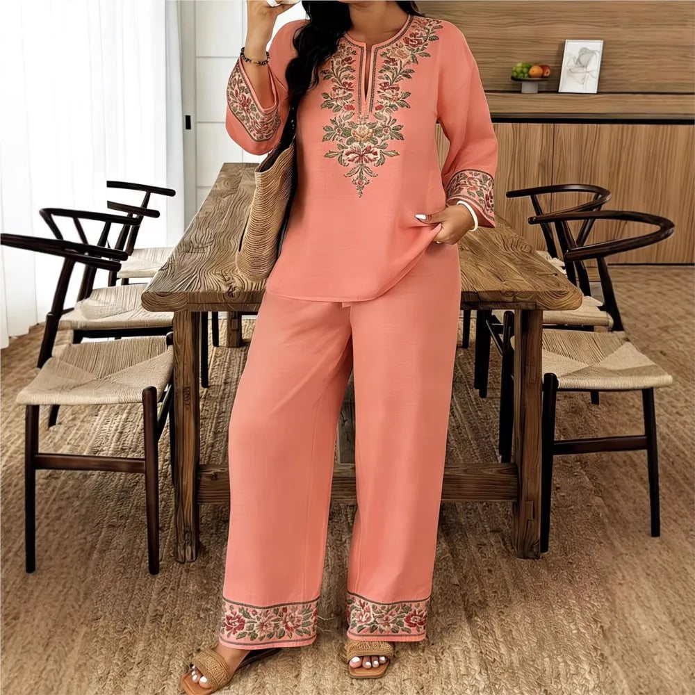 Fashion Retro Printed Long-sleeved O Neck Shirt And Trousers Women's Suit Autum Loose Simple Ethnic Female Trousers 2-piece Set