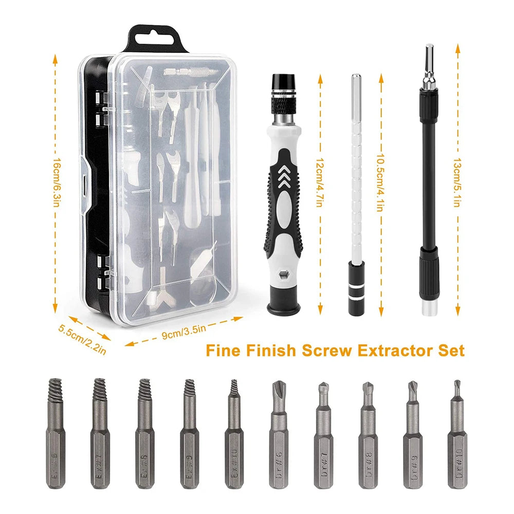Fine Finish Screw Extractor Set with tools and packaging on a white background