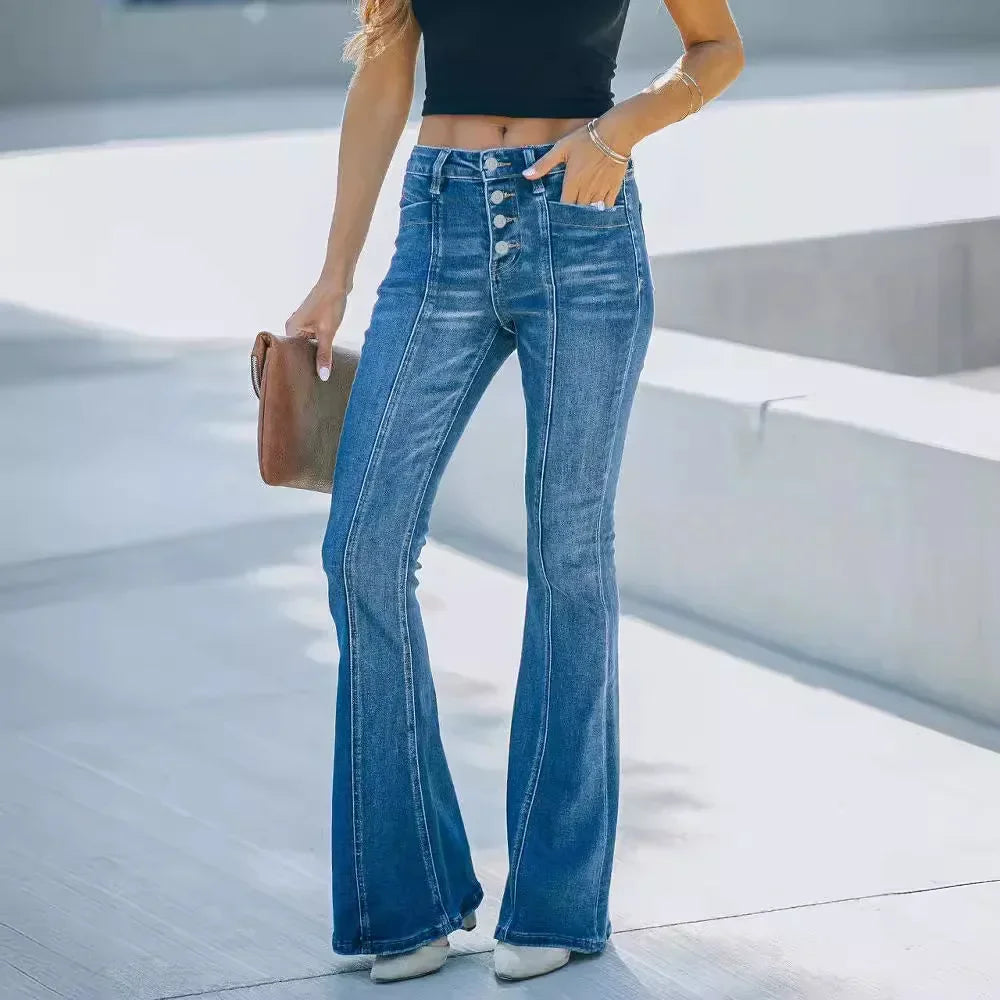 Jeans Flare Pants Women Streetwear Washed Button Fly Mid Waist Pockets Distressed Denims Female Trousers 2025 Vintage Boot Cut