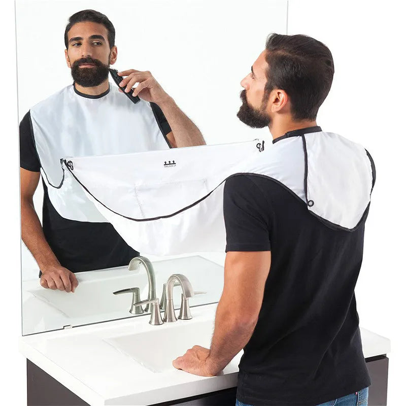 Male beard shaving apron hair catcher bib for bathroom grooming and shaving mess control - in use