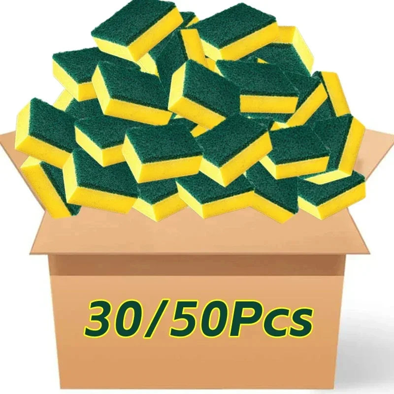 Box of green and yellow sponges with '30/50Pcs' text on a white background