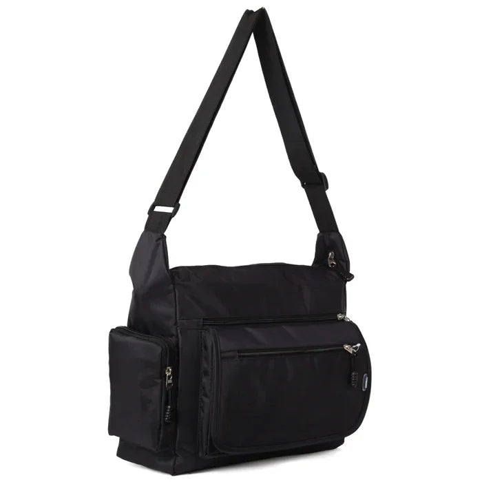 Black shoulder bag with multiple pockets on a white background