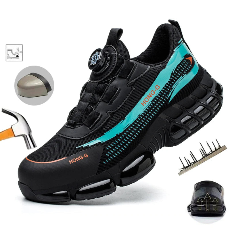 Black and teal work shoe with 'HONG-G' branding, surrounded by tools on a white background.