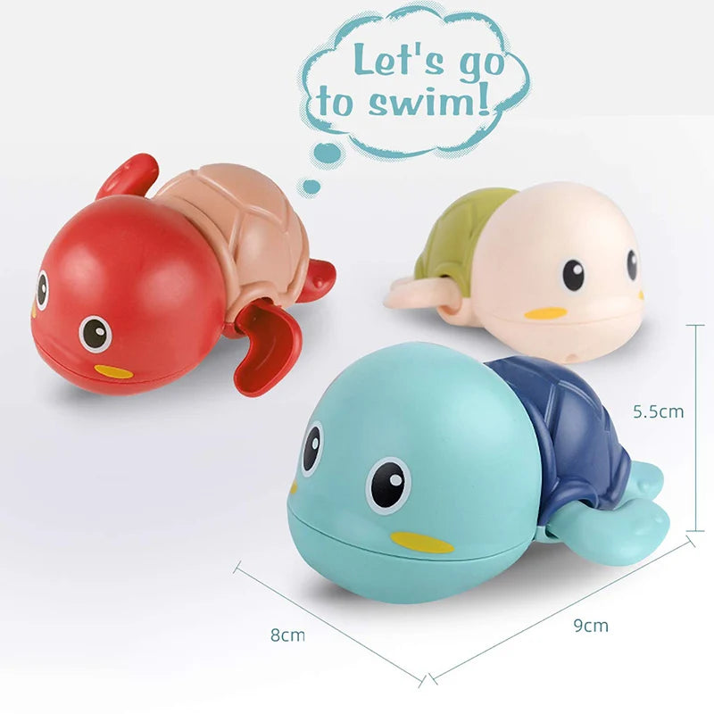 Three colorful turtle-shaped bath toys with measurements and text on a white background