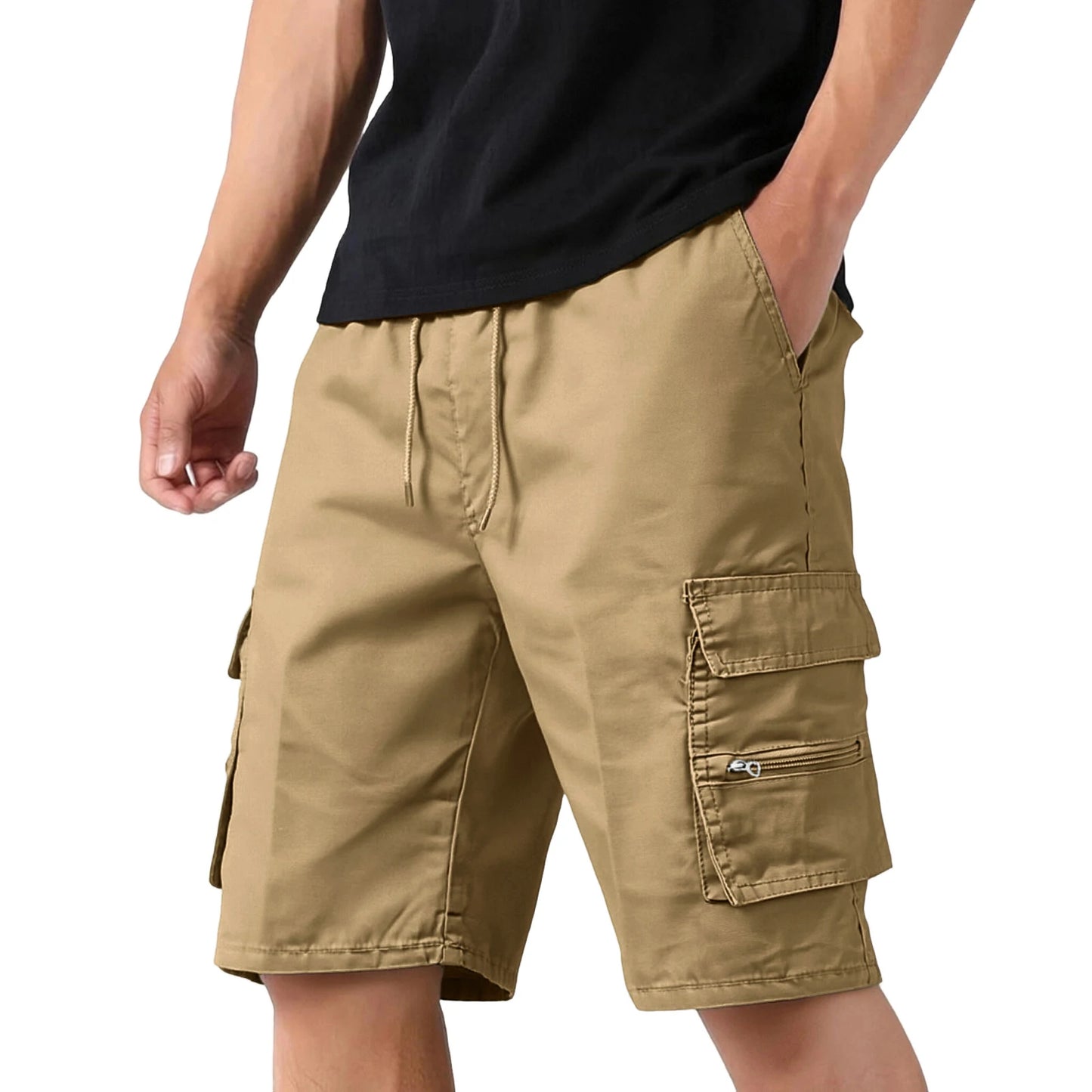 Men'S Casual Cargo Shorts Multi-Pocket Loose Fit Drawstring Waist Summer Outdoor Hiking Shorts Solid Camouflage Color Quick Dry