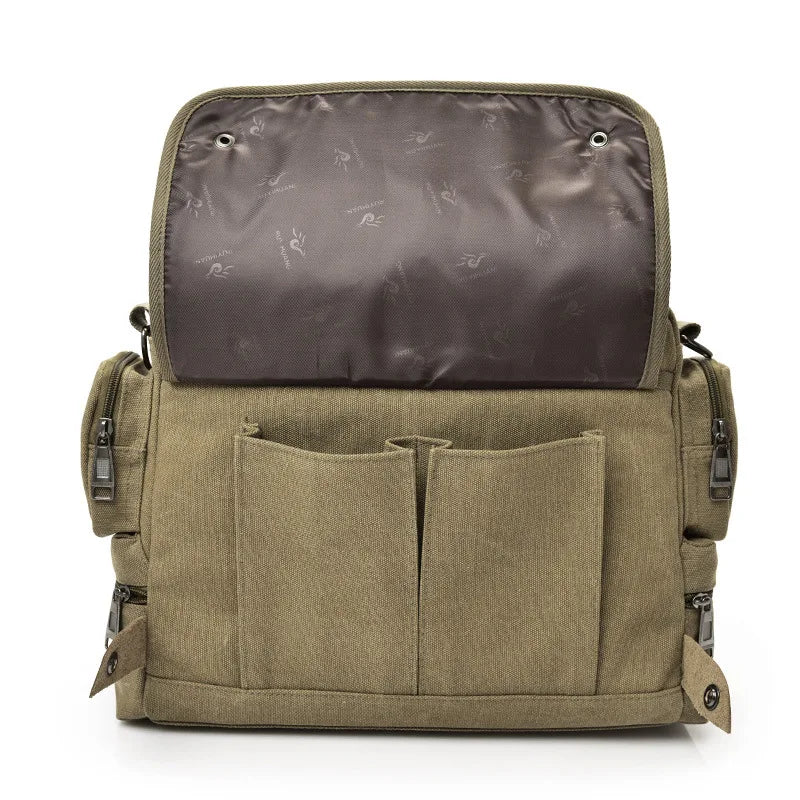 Olive green backpack with open top showing a reflective interior on a white background