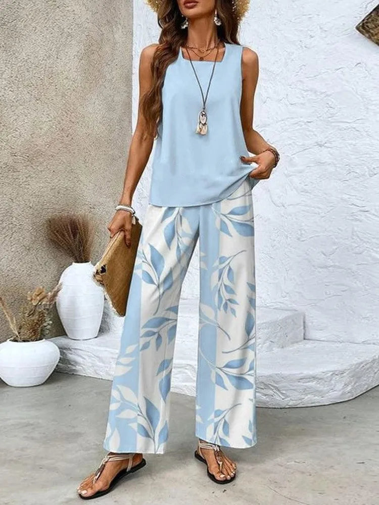 Comfortable Casual Square Collar Pullover Vest Long Trousers Digital Print Two-piece Set Women's Simple Commuting Trousers Set
