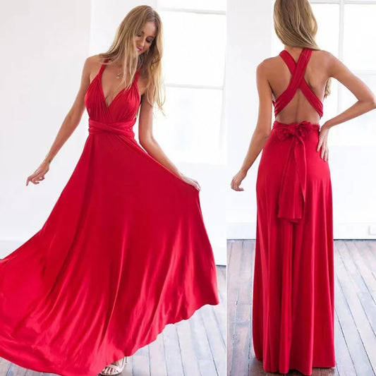 Red evening gown shown from front and back on a white background