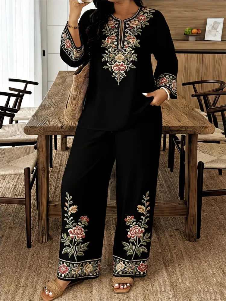 Fashion Retro Printed Long-sleeved O Neck Shirt And Trousers Women's Suit Autum Loose Simple Ethnic Female Trousers 2-piece Set