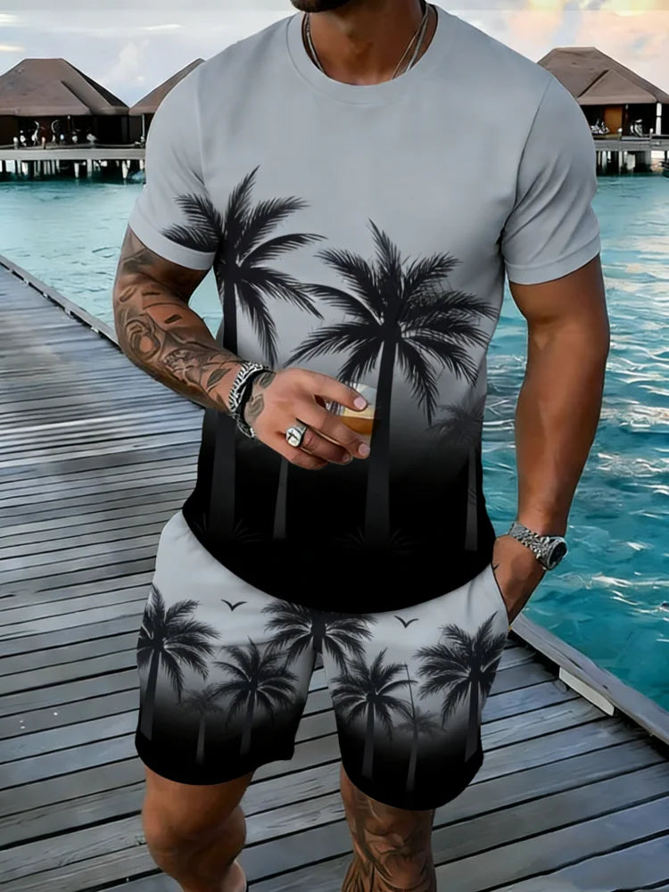 Popular Coconut Tree Printed T-shirt Sets Hawaii Style Tee Shorts Outfits Summer Vacation Two-piece Sets Hot Sell Men's Clothing