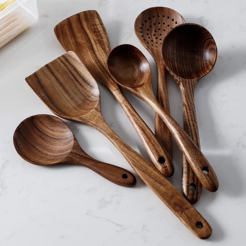 Thailand teak natural wood kitchen utensils set – spoon, ladle, turner, rice colander, soup skimmer, scoop cooking tools 3