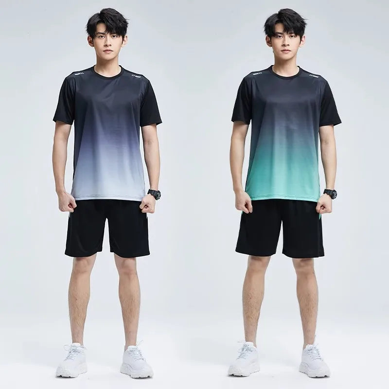 Two individuals wearing gradient t-shirts and black shorts on a white background
