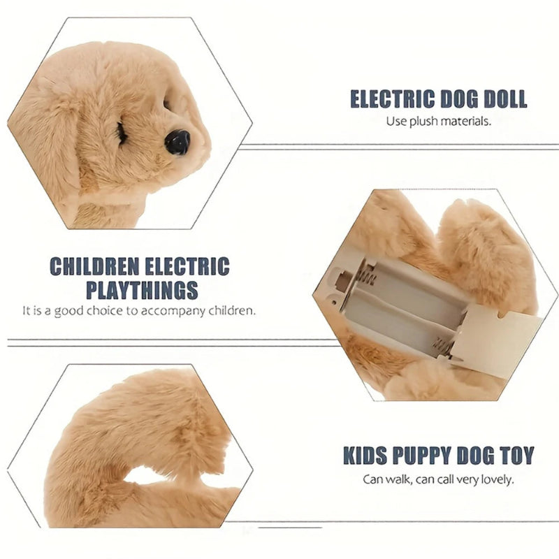 Electric dog doll with text describing its features and uses.
