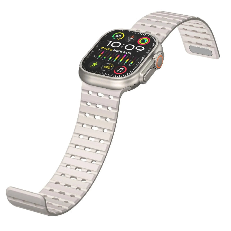 The image shows a variety of magnetic straps for Apple Watches in different colors, with a prominent orange strap displayed in detail, along with options for different watch models.