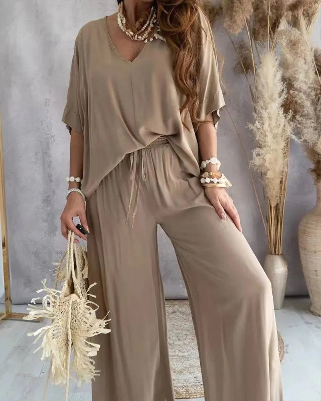Women’s 2-piece vacation outfit V-neck blouse and wide leg beachwear pants set khalo