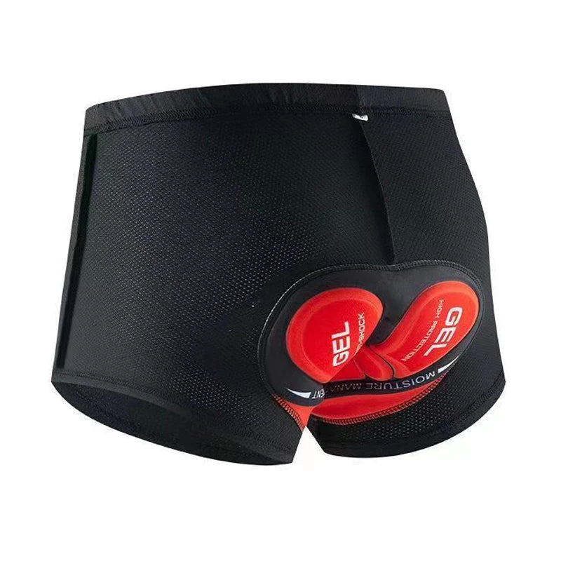 Black cycling shorts with red gel padding on a white background