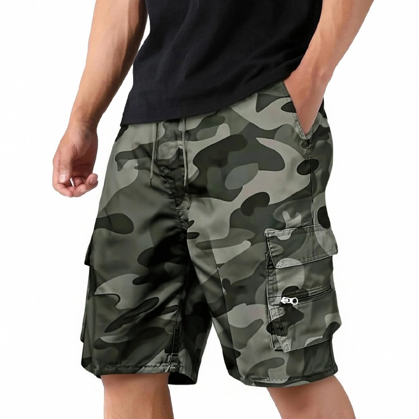 Men'S Casual Cargo Shorts Multi-Pocket Loose Fit Drawstring Waist Summer Outdoor Hiking Shorts Solid Camouflage Color Quick Dry