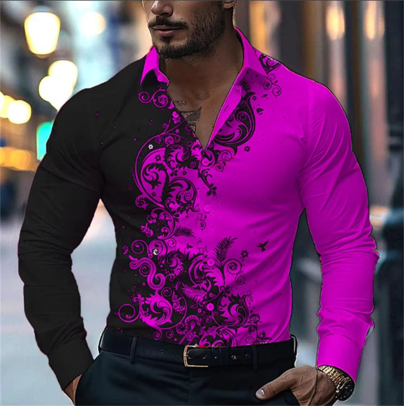 Man wearing a vibrant pink and black patterned shirt with a blurred city street background