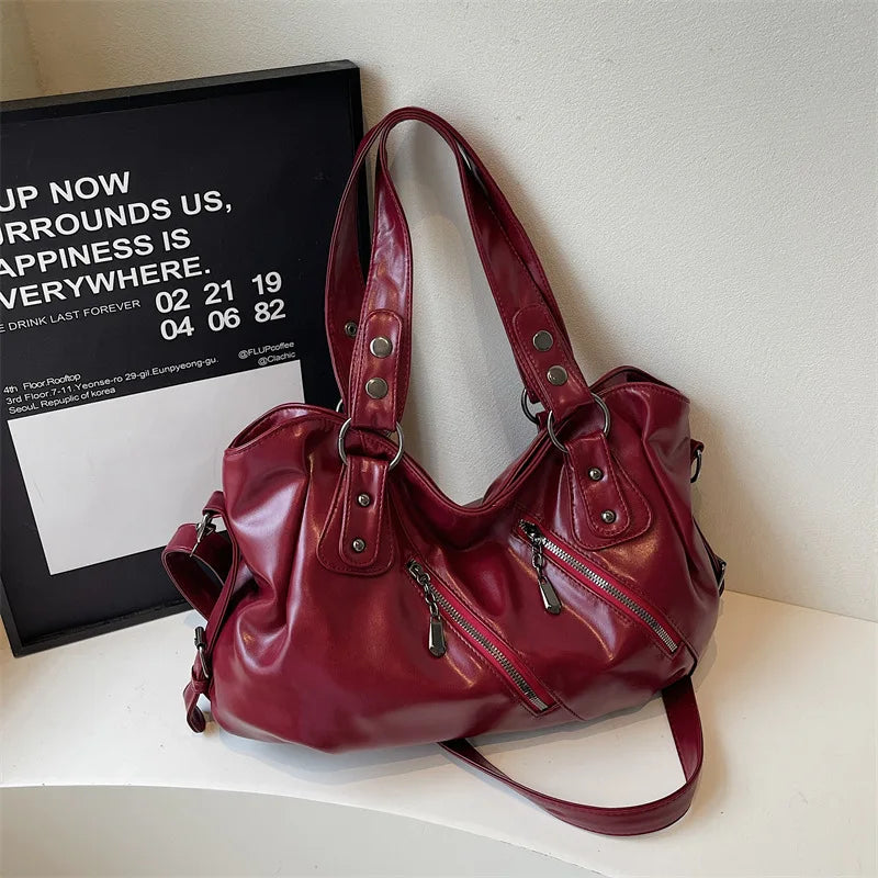 Glossy PU Designed Rivet Zipper One Shoulder Bag Large Capacity Versatile Tote Bags Delicate Soft All-Match Crossbody Packs