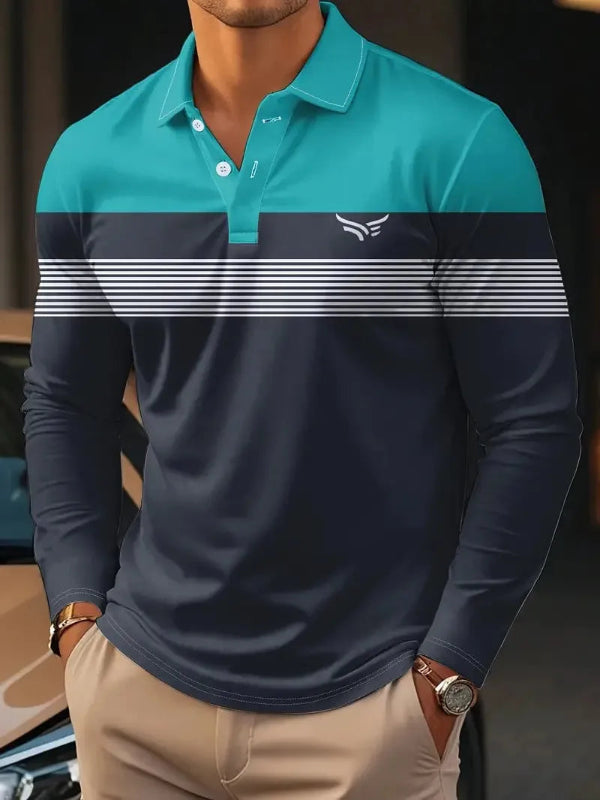 Man wearing a blue and green striped long-sleeve polo shirt with a logo.