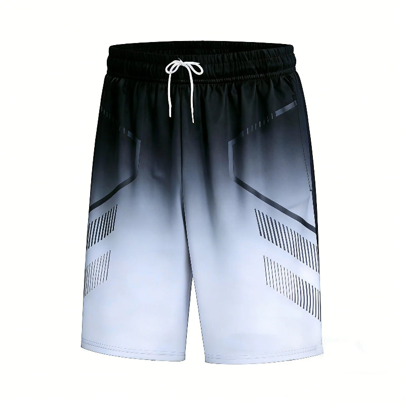 Black and white gradient shorts with geometric patterns on a white background